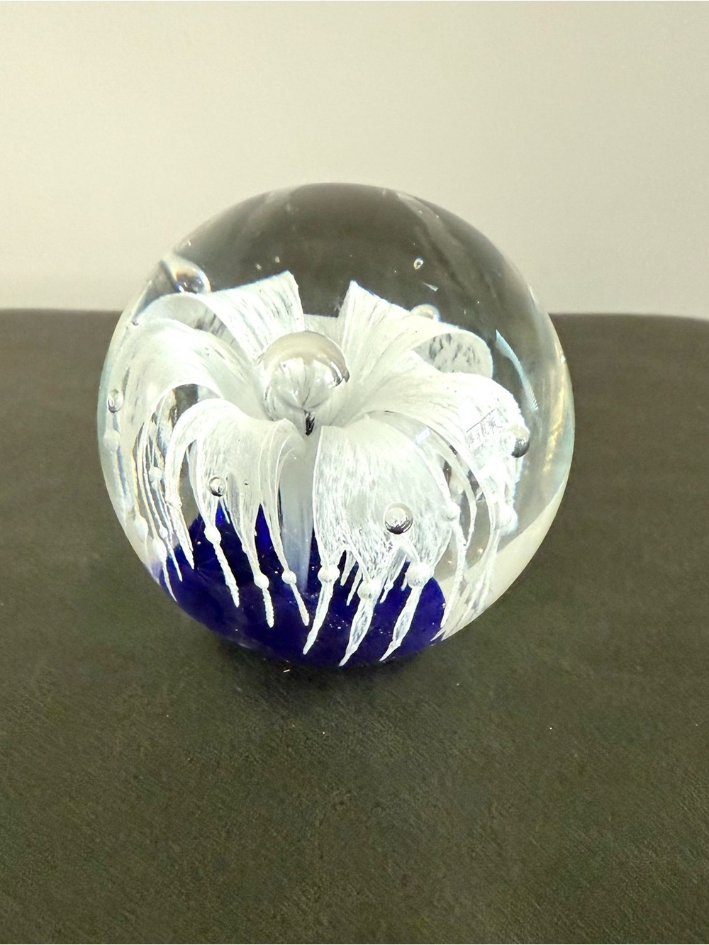 Vintage Art Glass Handblown Paperweight with White and Deep Blue Accents